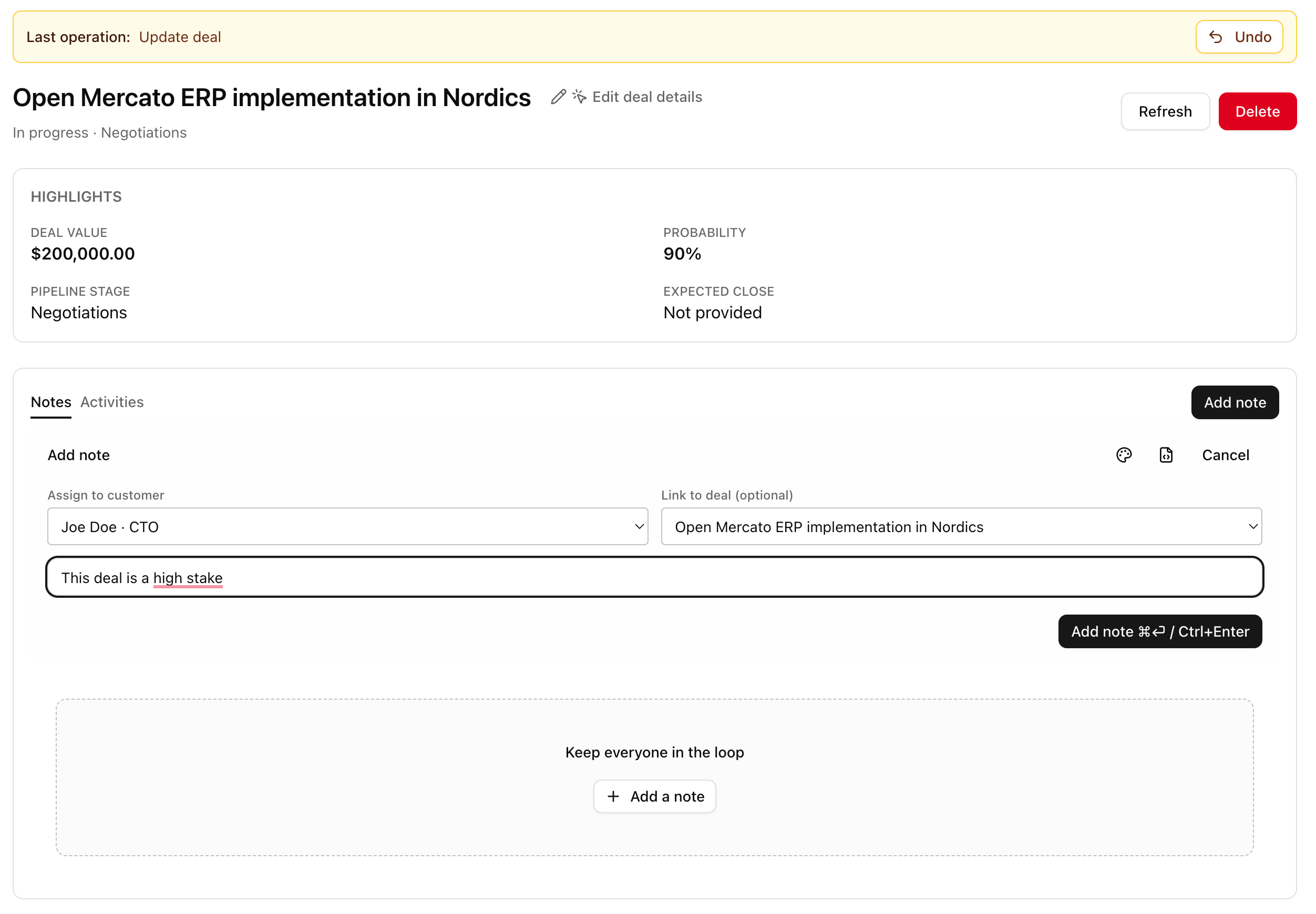 Add note dialog on deal