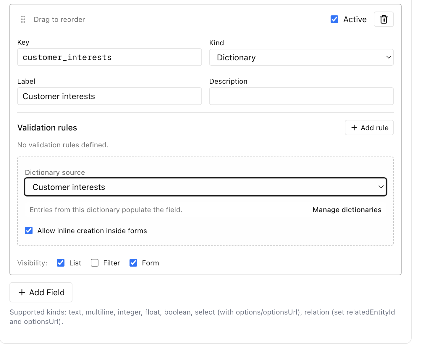 Configuring a dictionary-backed custom field