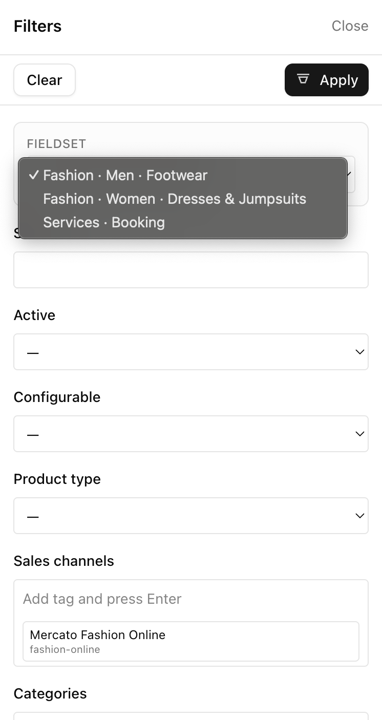 Choosing a fieldset in filters