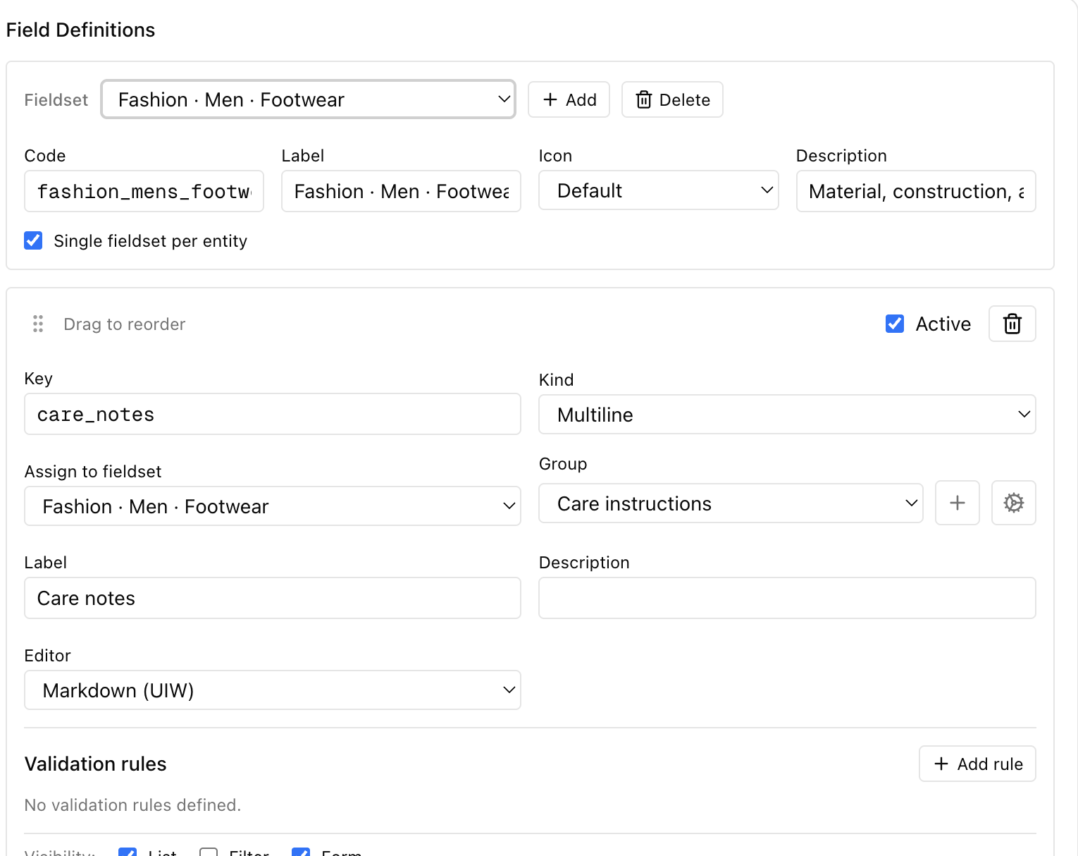 Editing a fieldset and its fields