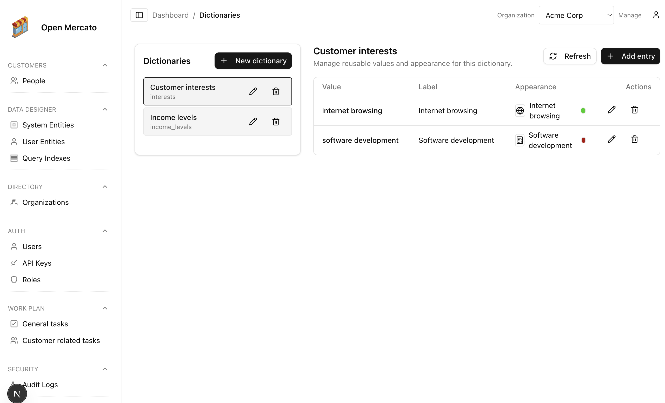 Dictionary overview screen