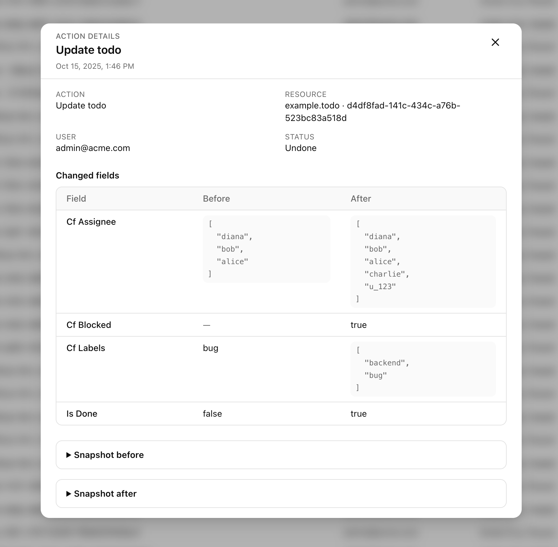 Operation drawer highlighting changed fields and snapshots