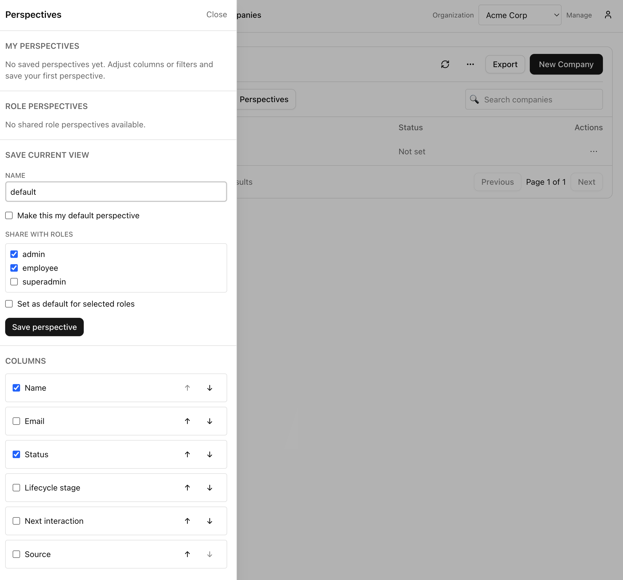 Editing a perspective alongside the customers table