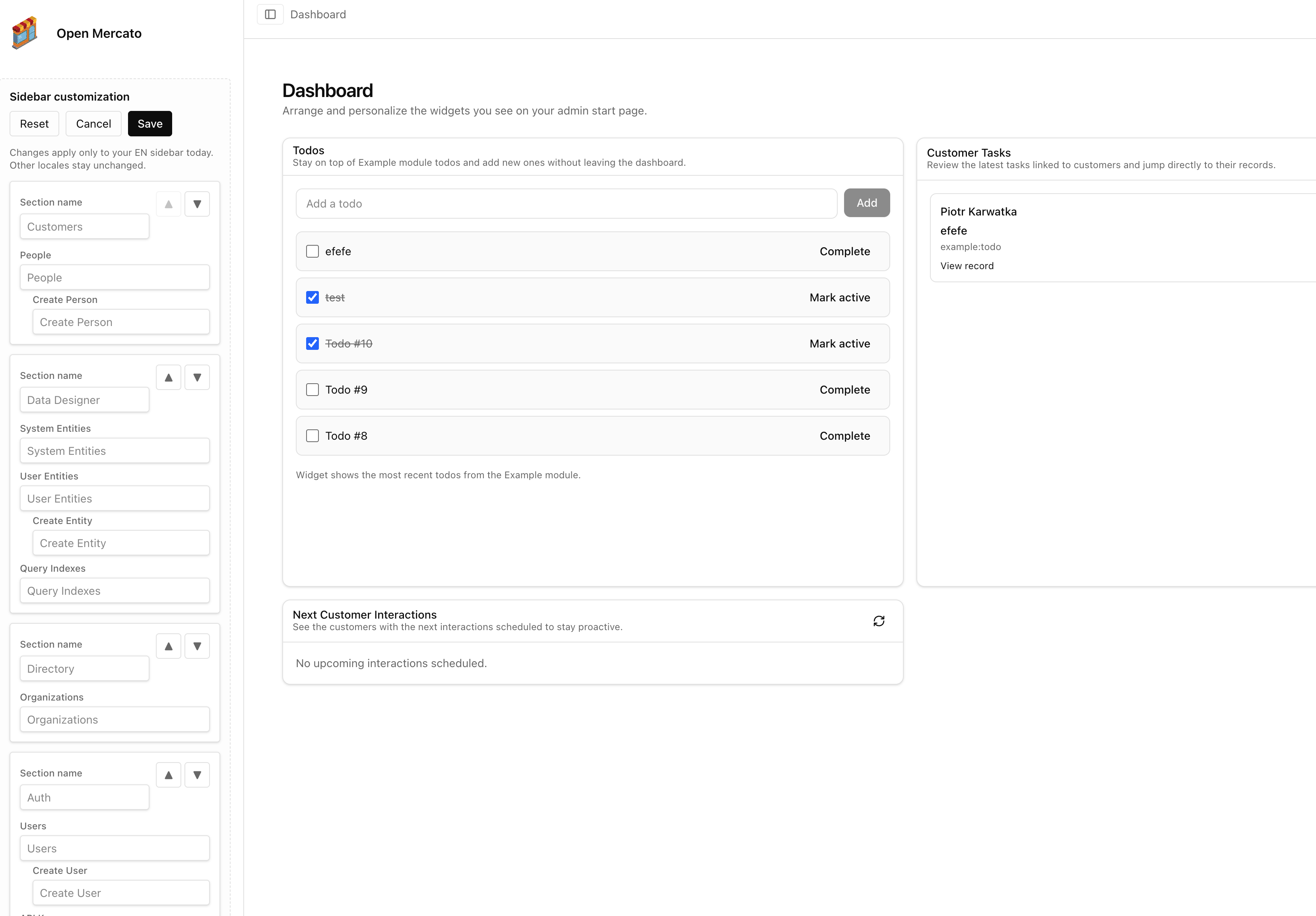 Sidebar customization with renamed groups and hidden links