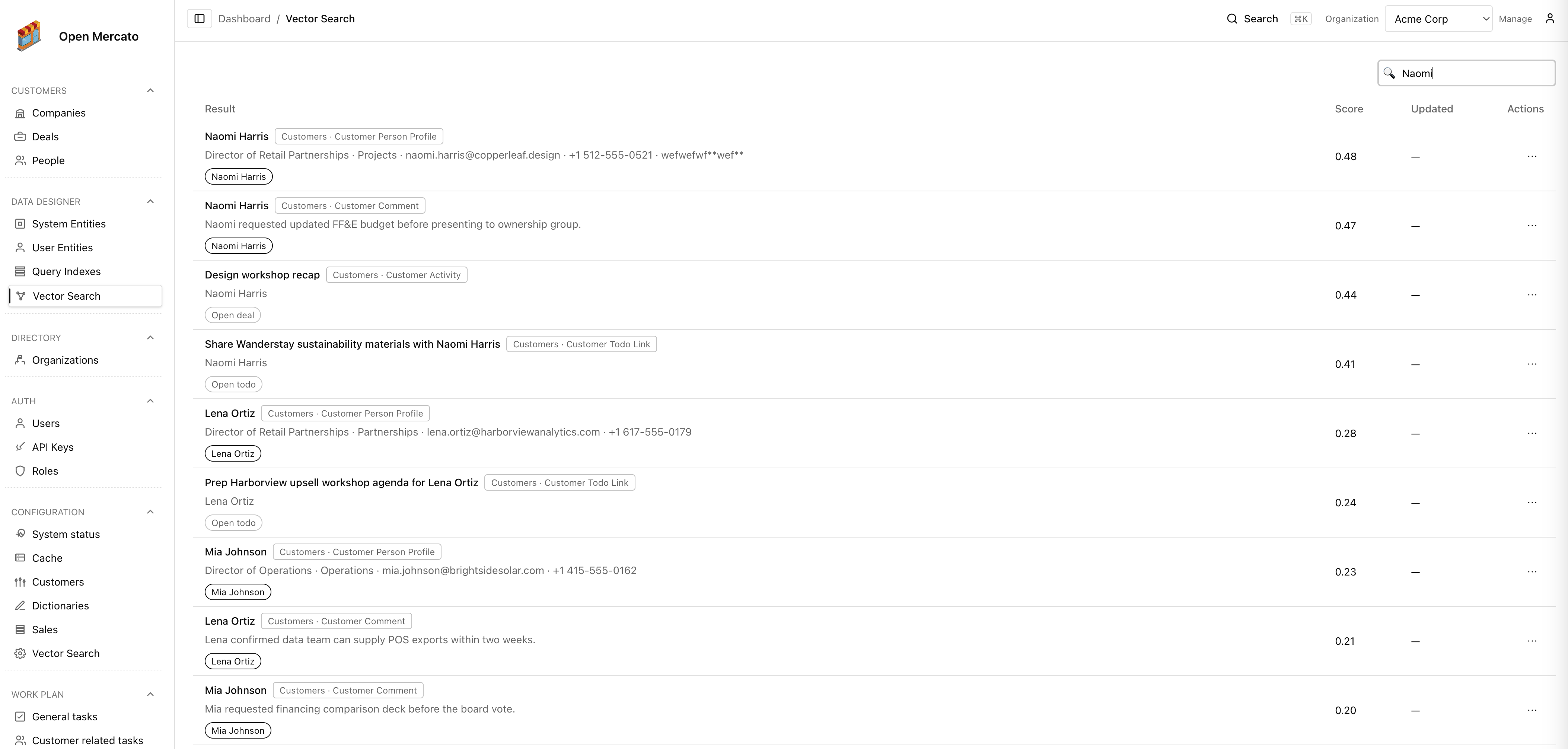 Vector search table view showing ranked results