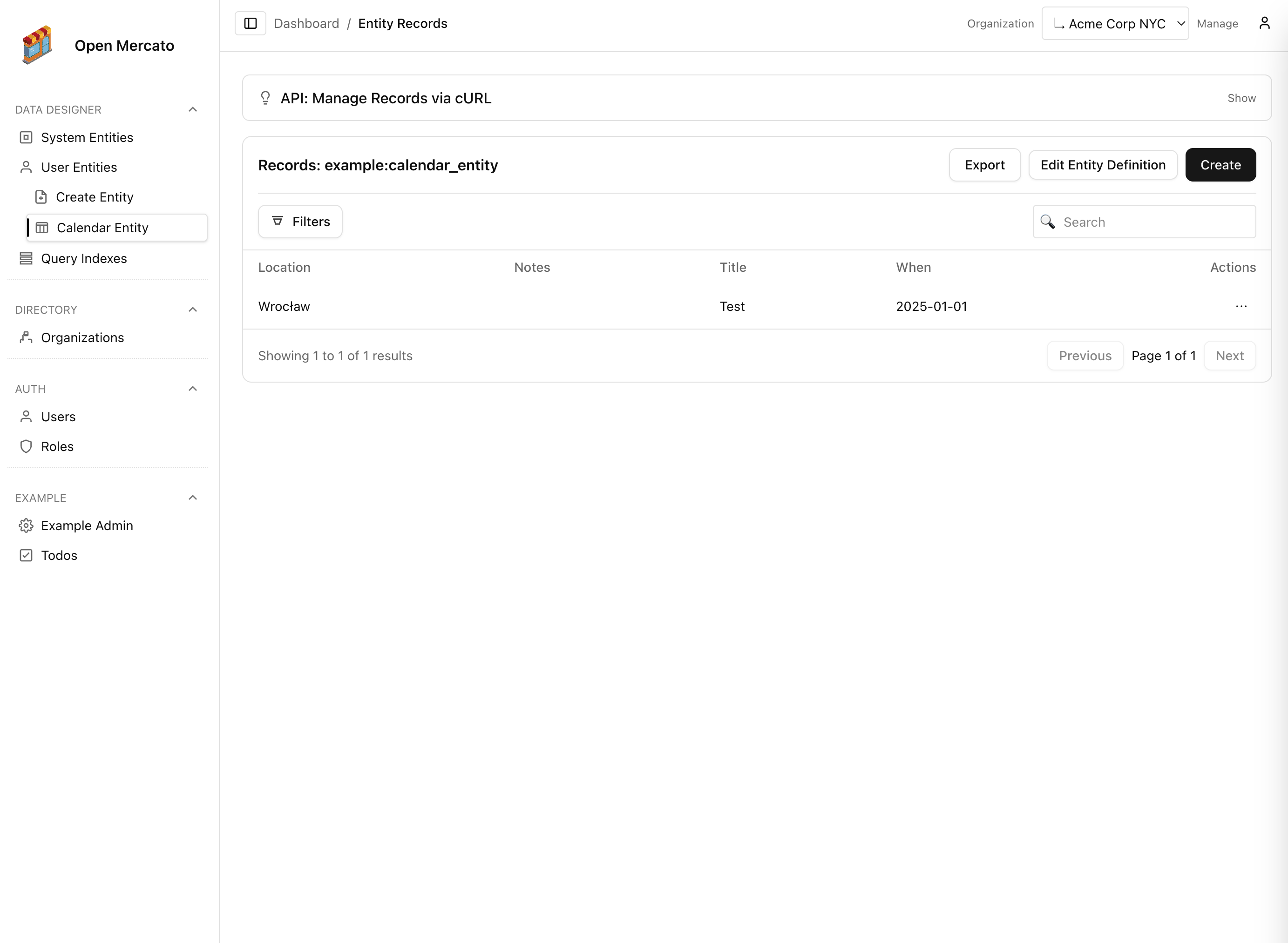 Custom entity records table
